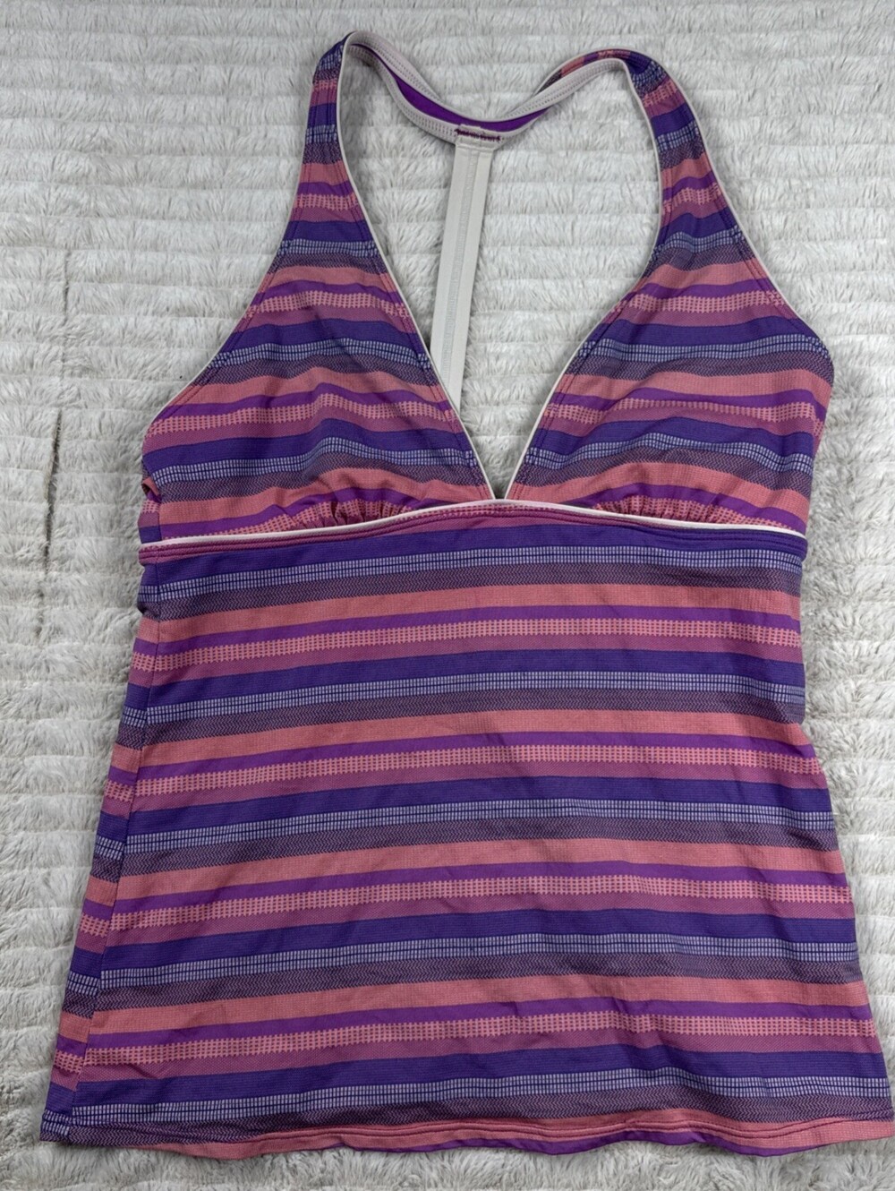Athleta Womens M Pink Purple Striped T Back Tankini Top 2145